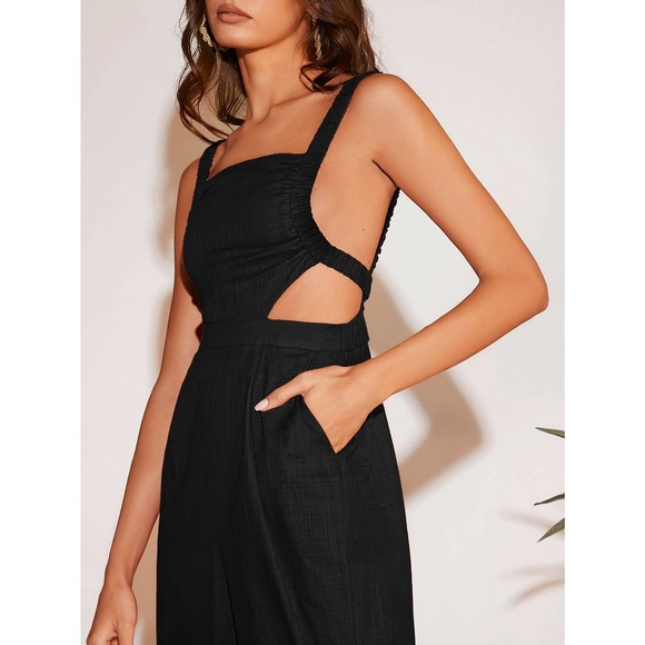 boho Cut Out Slant Pockets Backless Cami Jumpsuit black - Picture 5 of 5